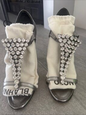 Manolo Blahnik Silver Crystal T-Strap Embellished Heels